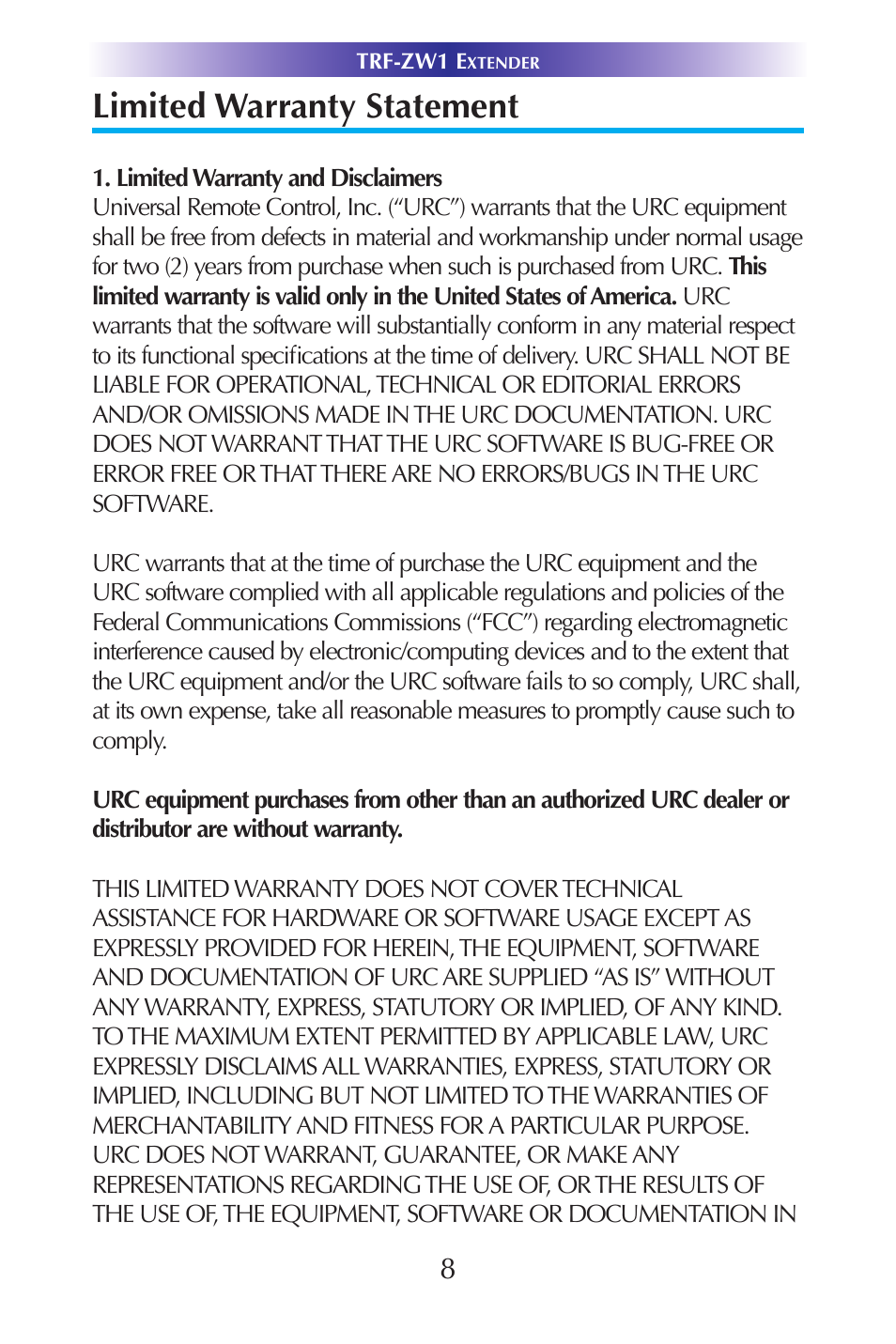 Limited warranty statement | Universal Remote Control (URS) TRF-ZW1 7.9.14 User Manual | Page 10 / 15