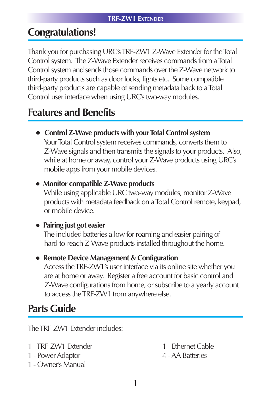 Features and benefits, Parts guide | Universal Remote Control (URS) TRF-ZW1 7.9.14 User Manual | Page 3 / 15