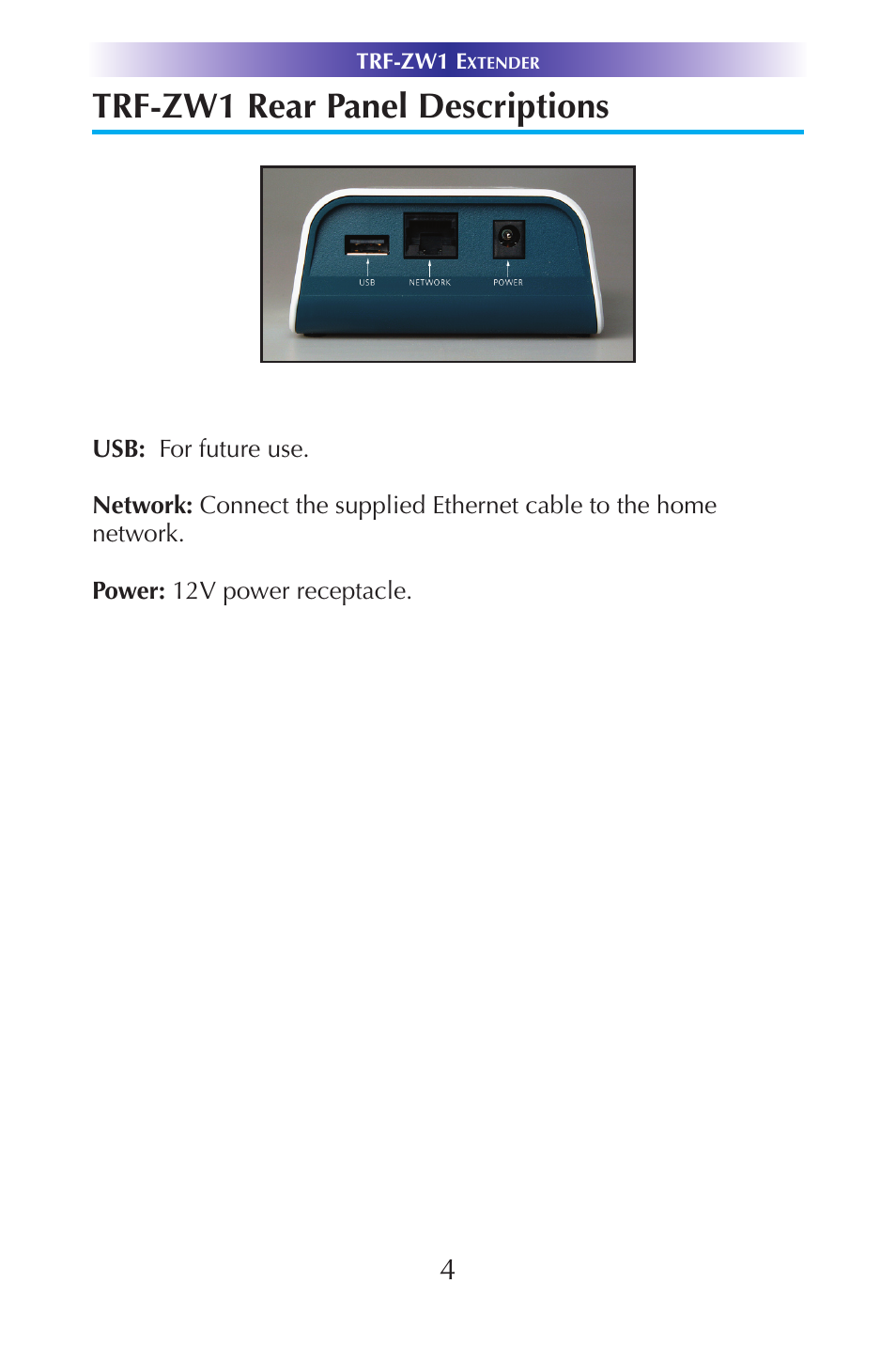 Trf-zw1 rear panel descriptions | Universal Remote Control (URS) TRF-ZW1 7.9.14 User Manual | Page 6 / 15