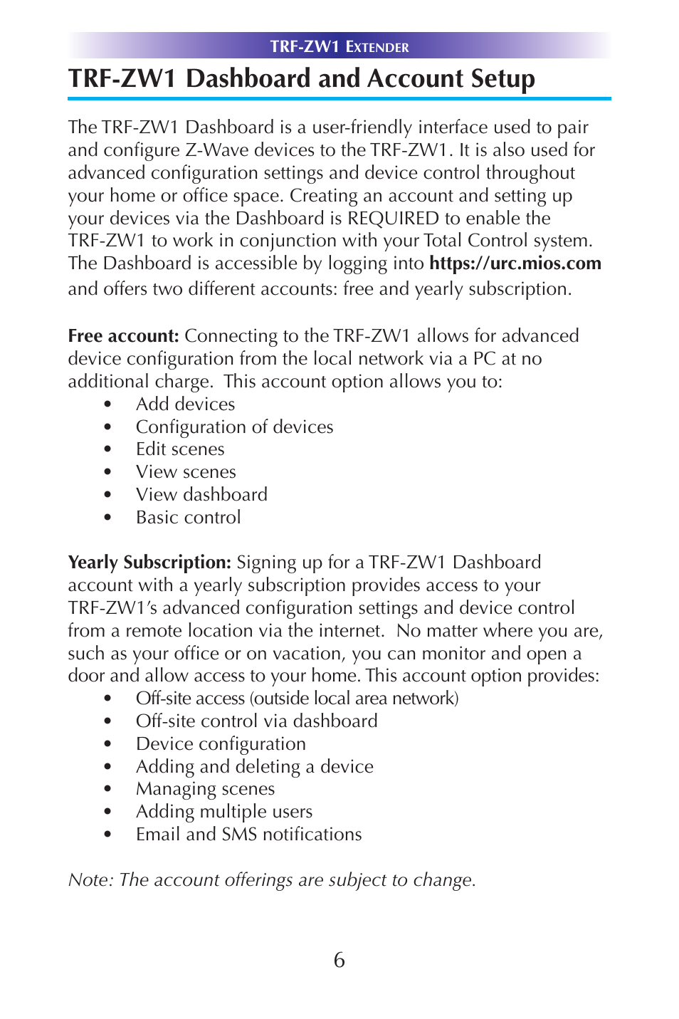 Trf-zw1 dashboard and account setup | Universal Remote Control (URS) TRF-ZW1 7.9.14 User Manual | Page 8 / 15