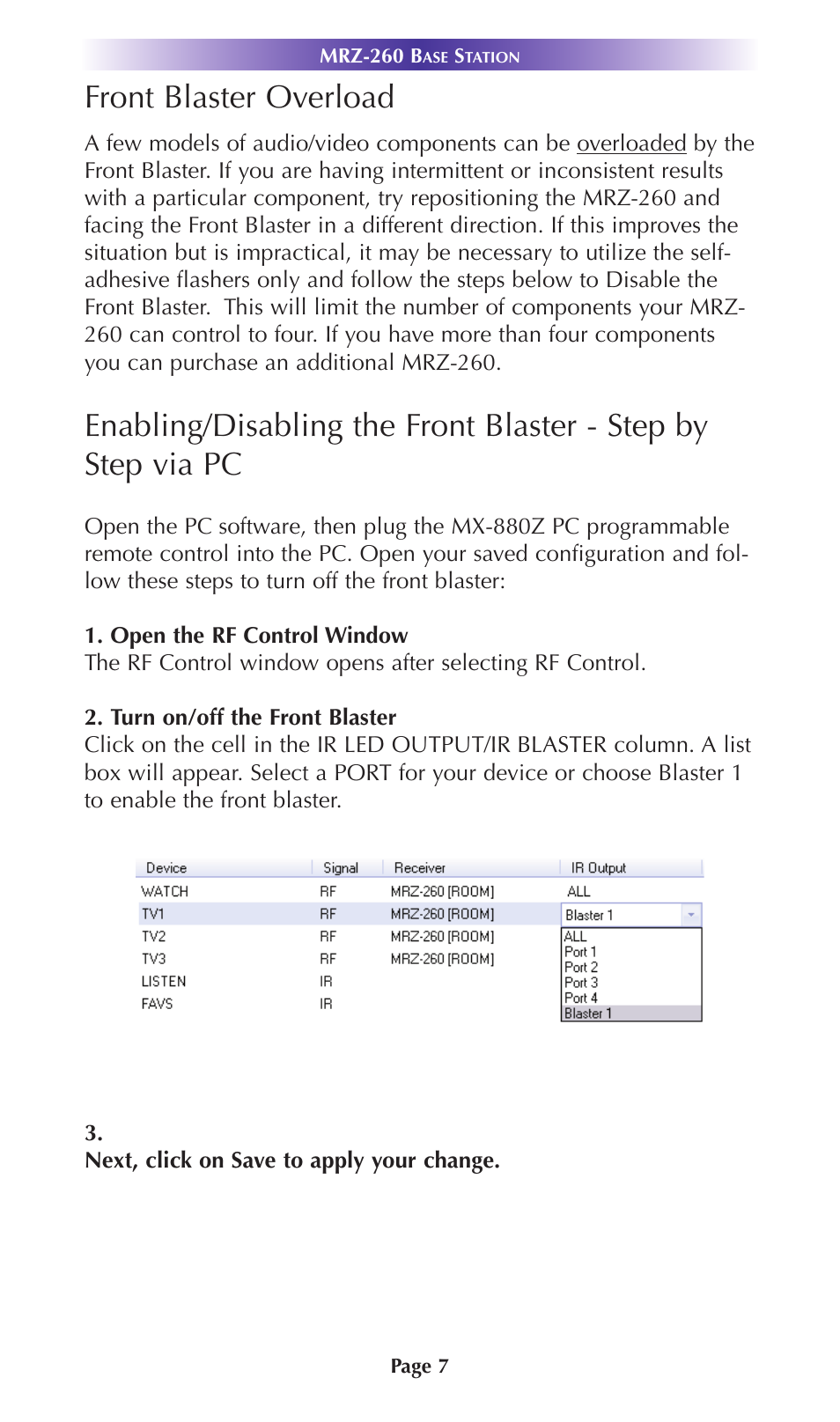 Front blaster overload | Universal Remote Control (URS) MRZ-260 User Manual | Page 10 / 20