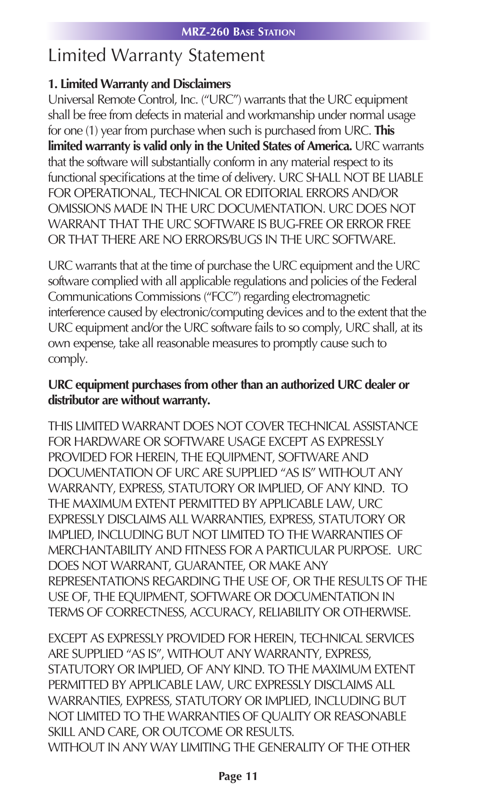 Limited warranty statement | Universal Remote Control (URS) MRZ-260 User Manual | Page 14 / 20
