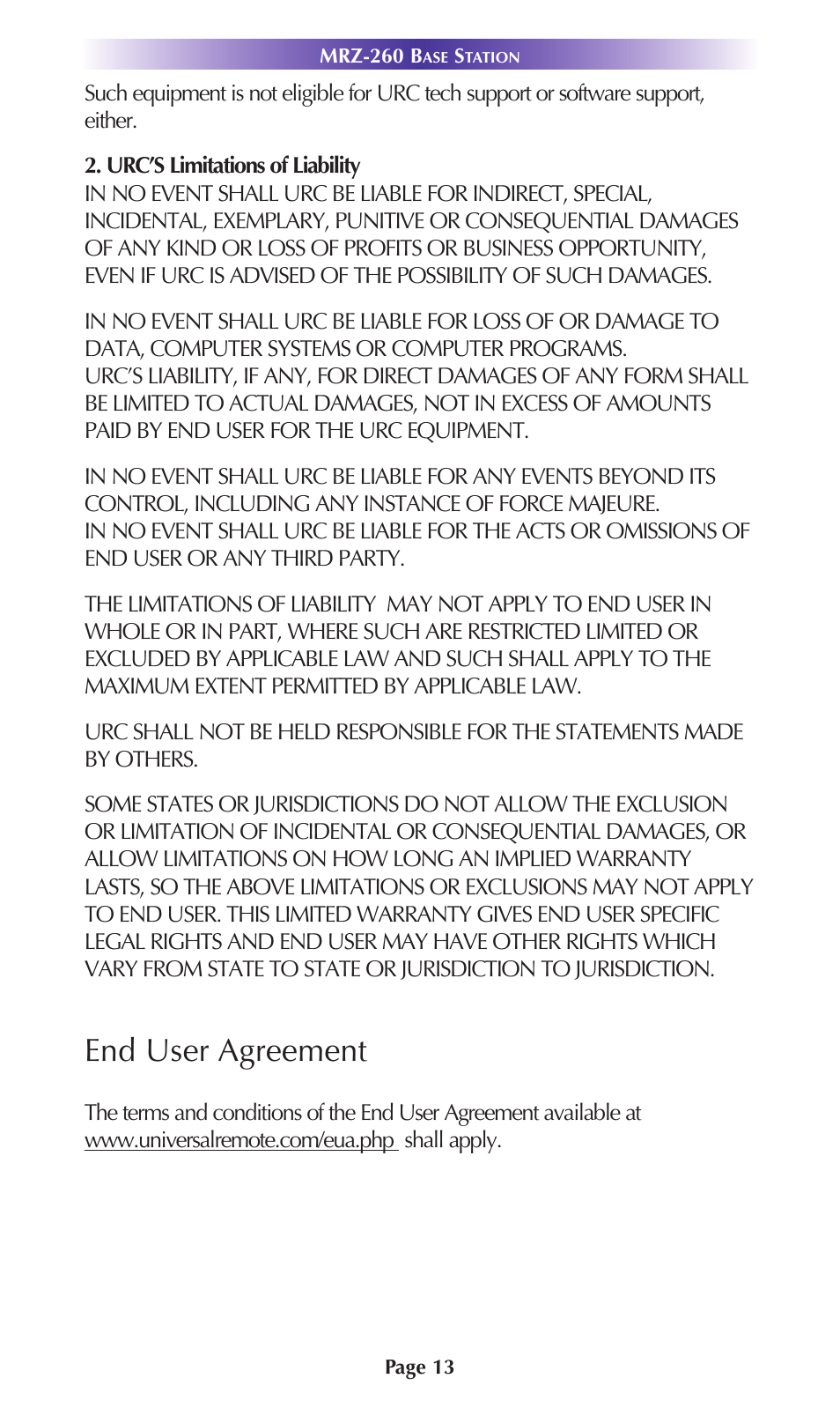End user agreement | Universal Remote Control (URS) MRZ-260 User Manual | Page 16 / 20