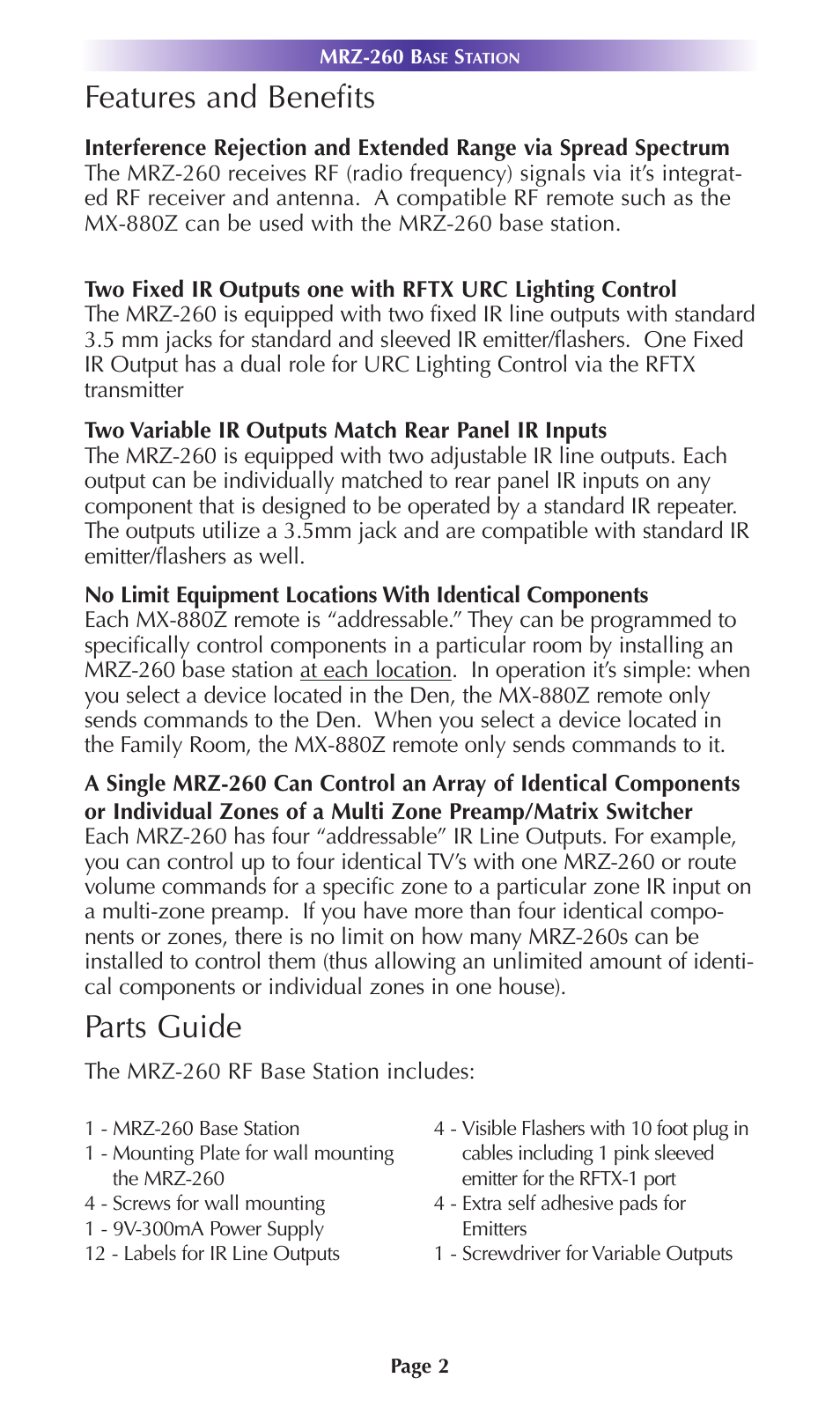 Features and benefits, Parts guide | Universal Remote Control (URS) MRZ-260 User Manual | Page 5 / 20