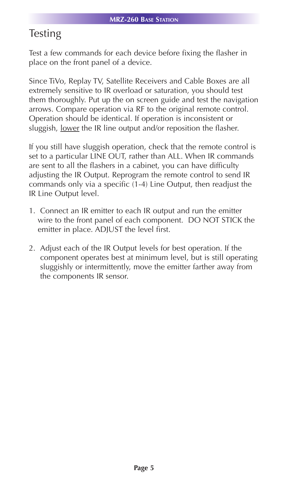 Testing | Universal Remote Control (URS) MRZ-260 User Manual | Page 8 / 20