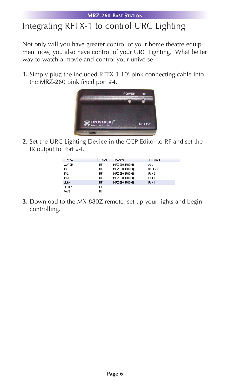 Integrating rftx-1 to control urc lighting | Universal Remote Control (URS) MRZ-260 User Manual | Page 9 / 20