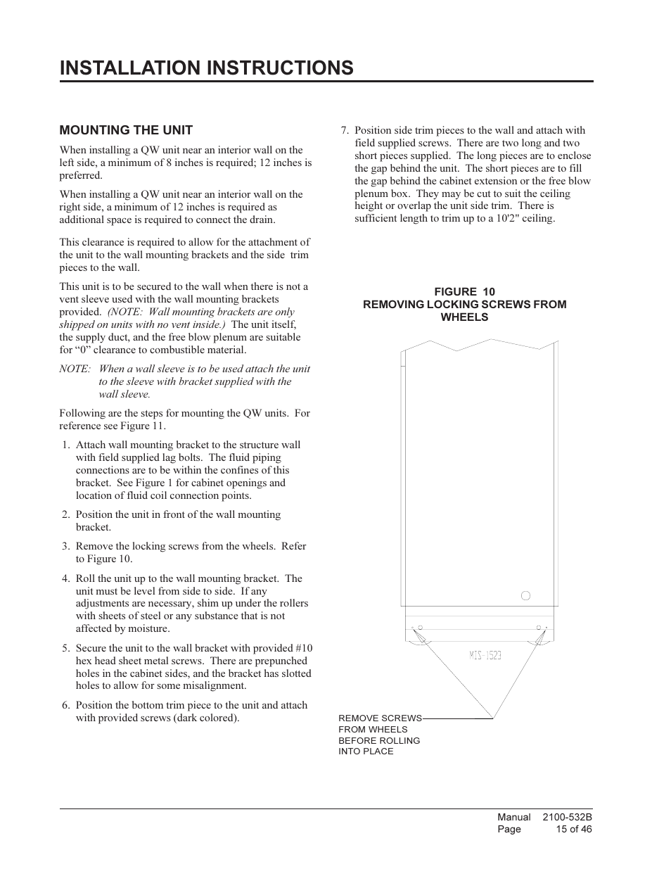 Installation instructions | Bard STAGED CAPACITY PACKAGED HEAT PUMP QW5S1 User Manual | Page 15 / 46