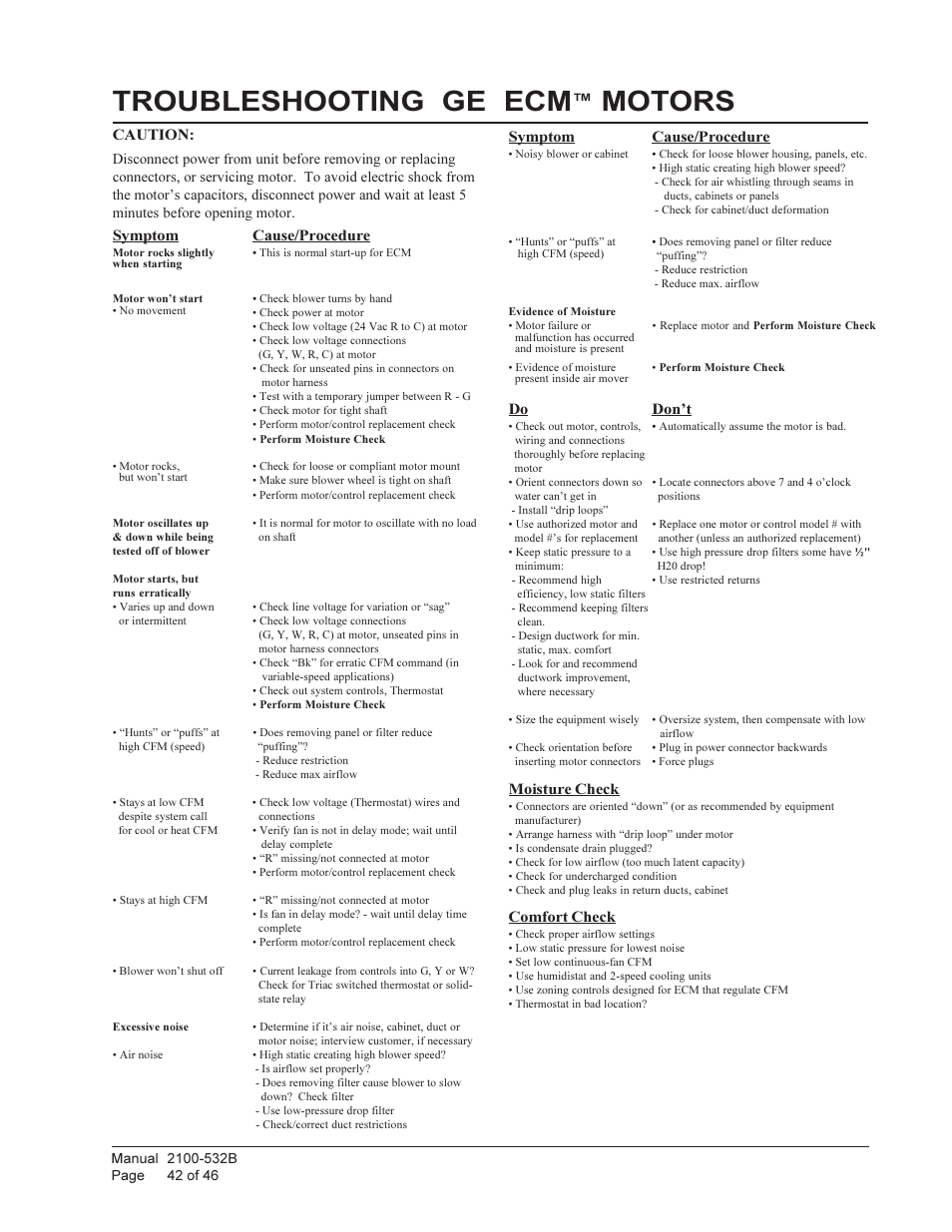 Troubleshooting ge ecm, Motors | Bard STAGED CAPACITY PACKAGED HEAT PUMP QW5S1 User Manual | Page 42 / 46