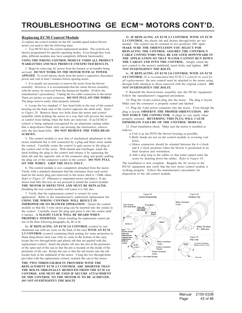 Troubleshooting ge ecm, Motors cont’d, Replacing ecm control module | Bard STAGED CAPACITY PACKAGED HEAT PUMP QW5S1 User Manual | Page 43 / 46