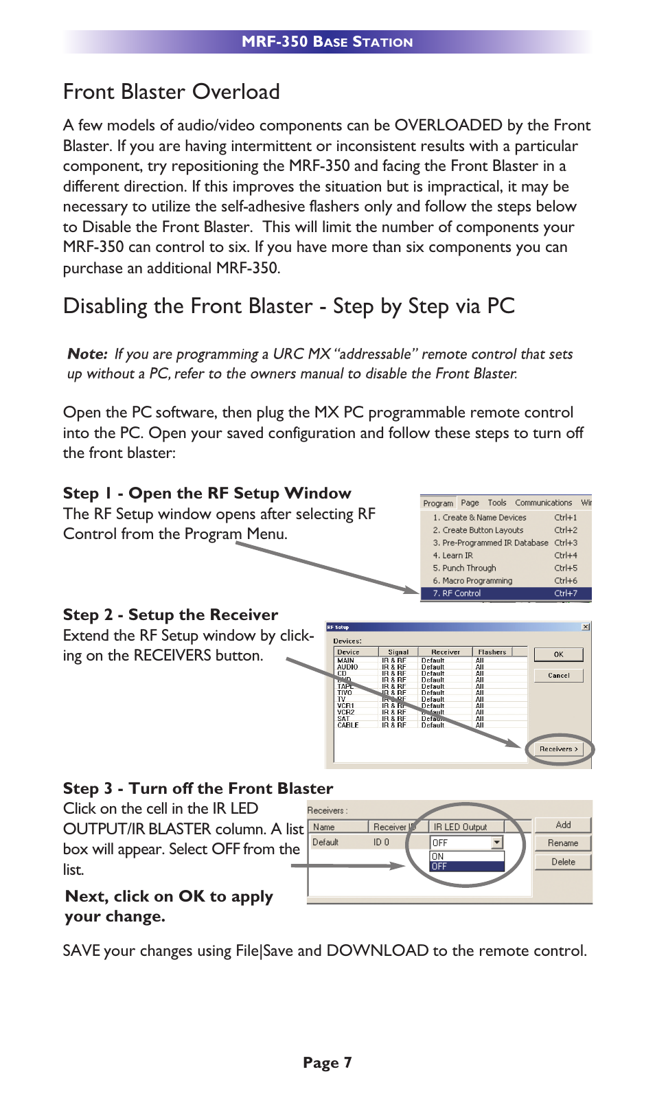 Front blaster overload, Disabling the front blaster - step by step via pc | Universal Remote Control (URS) MRF-350 User Manual | Page 10 / 20