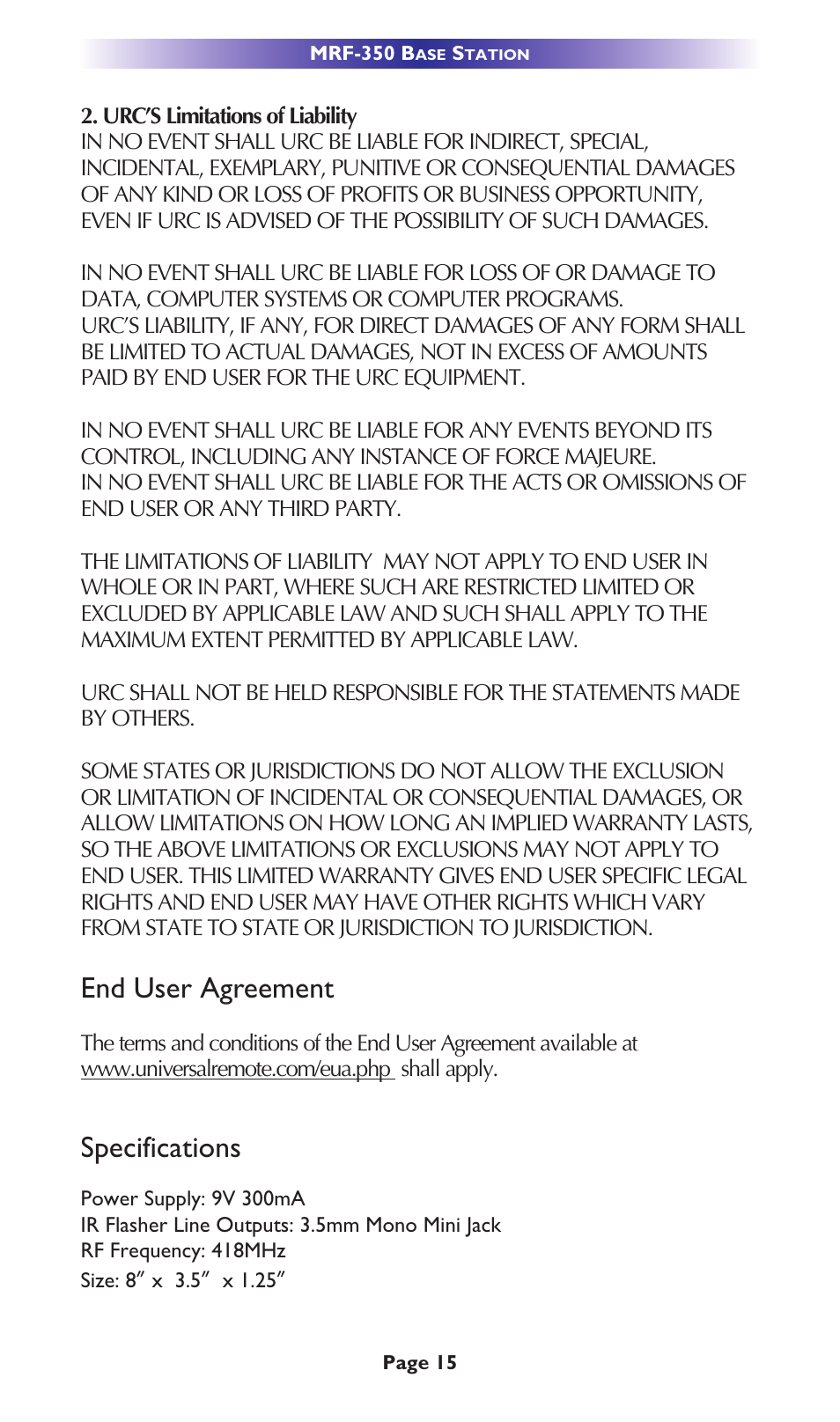 End user agreement, Specifications | Universal Remote Control (URS) MRF-350 User Manual | Page 18 / 20