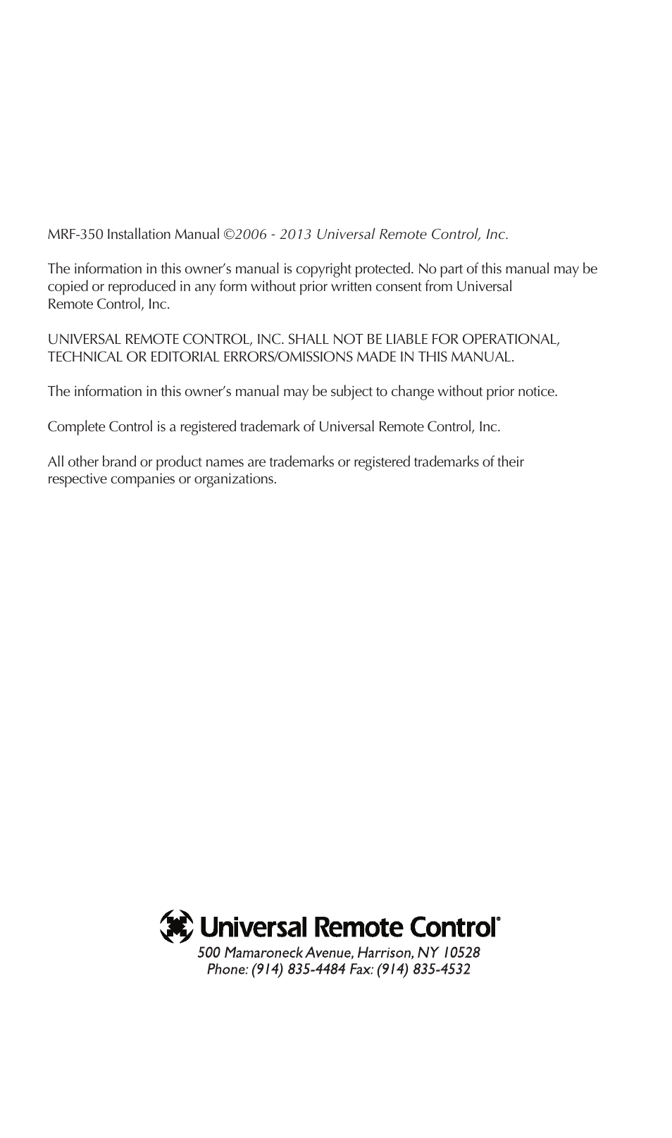 Universal Remote Control (URS) MRF-350 User Manual | Page 2 / 20
