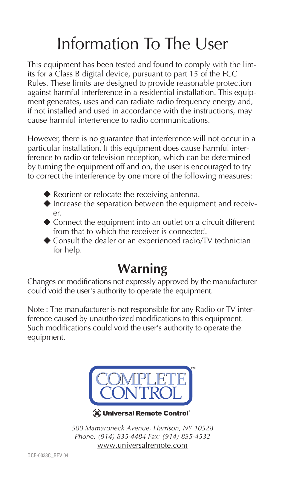 Information to the user, Warning | Universal Remote Control (URS) MRF-350 User Manual | Page 20 / 20