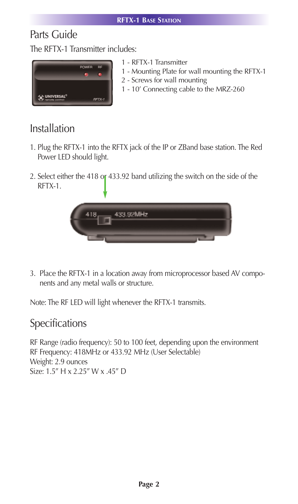 Parts guide, Installation, Specifications | Universal Remote Control (URS) RFTX-1 User Manual | Page 5 / 10