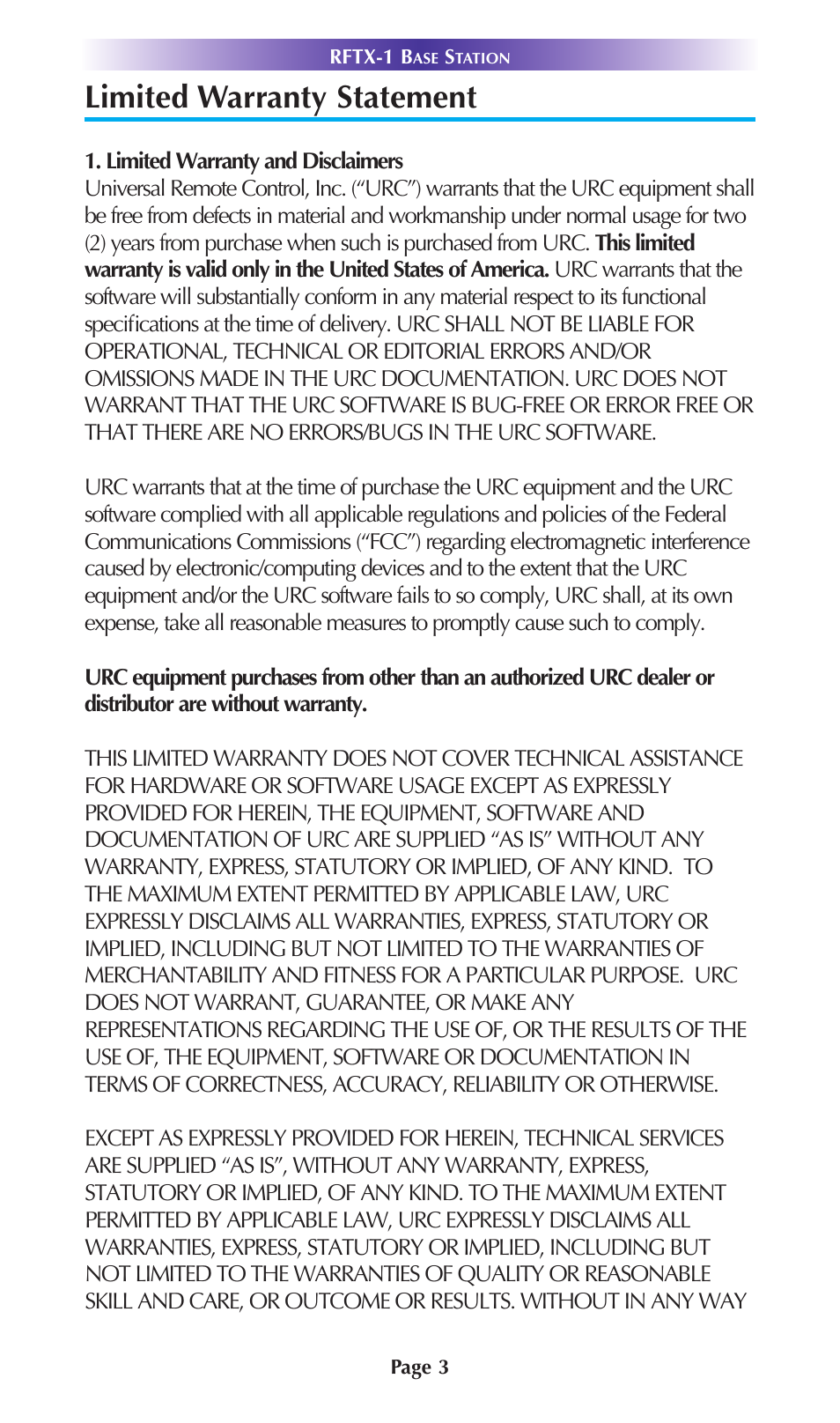 Limited warranty statement | Universal Remote Control (URS) RFTX-1 User Manual | Page 6 / 10