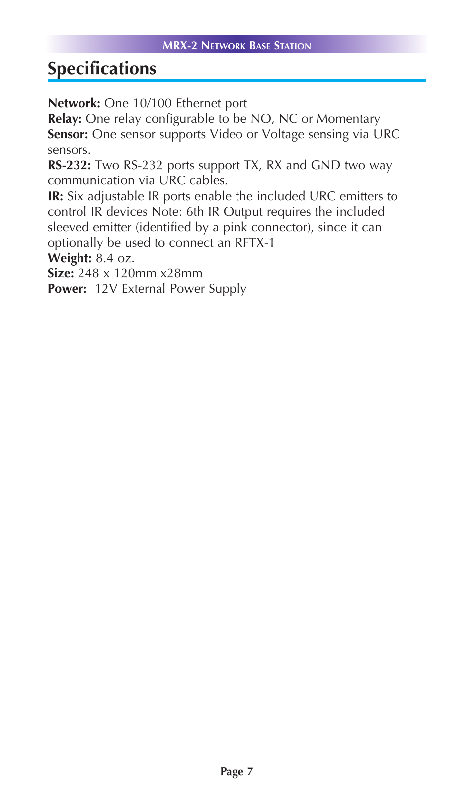 Specifications | Universal Remote Control (URS) MRX-2 User Manual | Page 10 / 20
