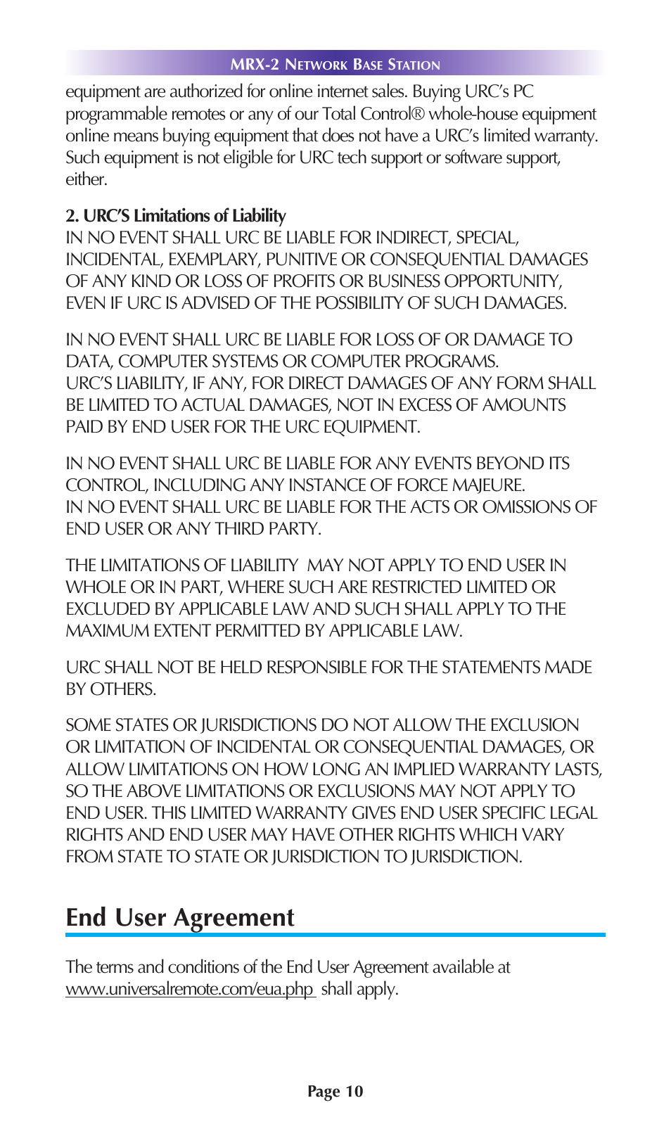 End user agreement | Universal Remote Control (URS) MRX-2 User Manual | Page 13 / 20