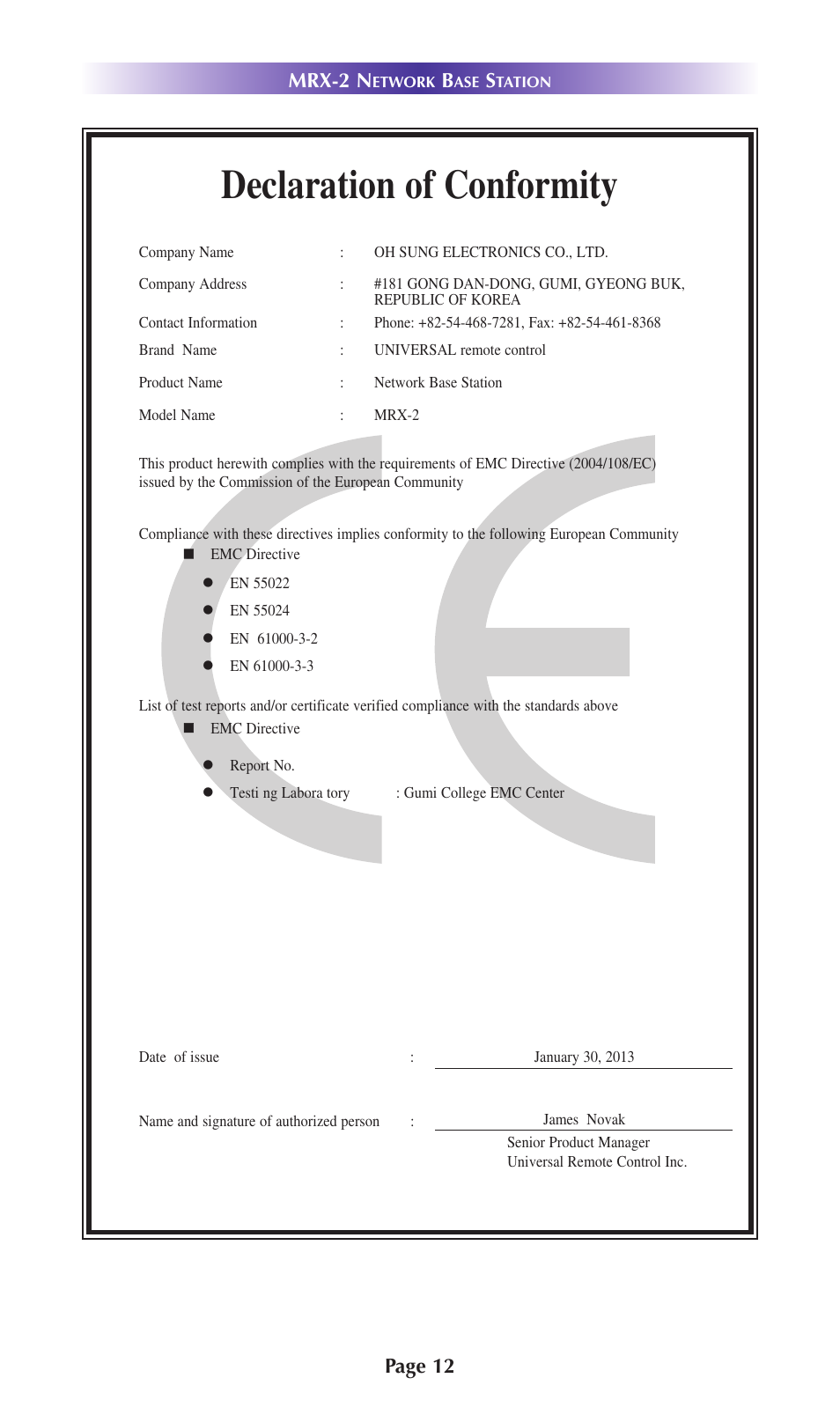 Declaration of conformity, Page 12 mrx-2 n | Universal Remote Control (URS) MRX-2 User Manual | Page 15 / 20