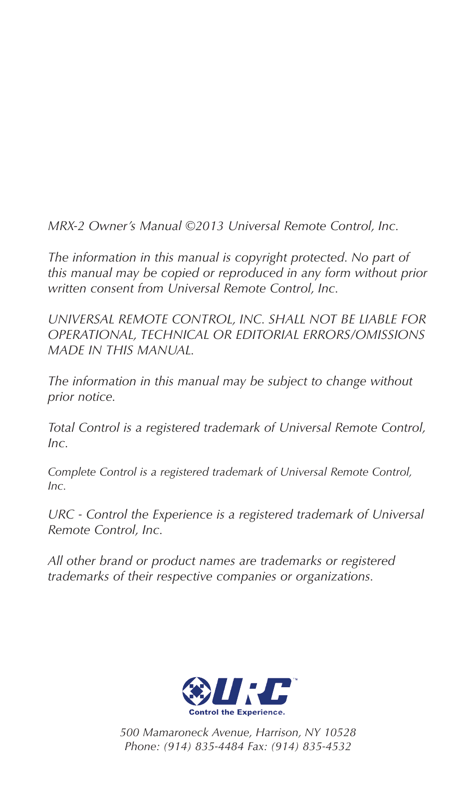 Universal Remote Control (URS) MRX-2 User Manual | Page 2 / 20