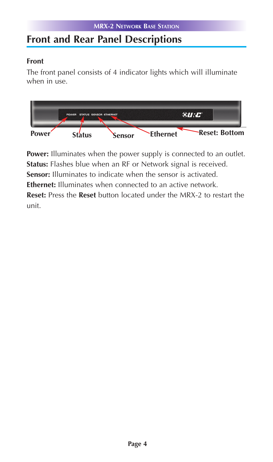 Front and rear panel descriptions | Universal Remote Control (URS) MRX-2 User Manual | Page 7 / 20