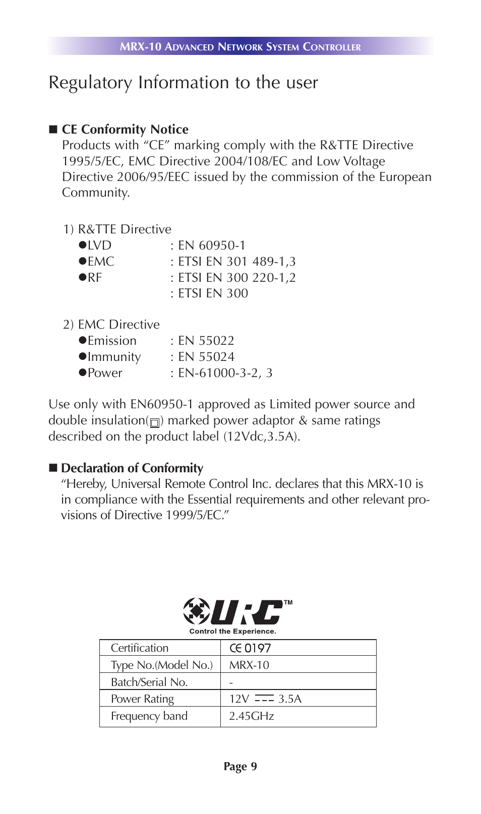 Regulatory information to the user | Universal Remote Control (URS) MRX-10 User Manual | Page 12 / 16