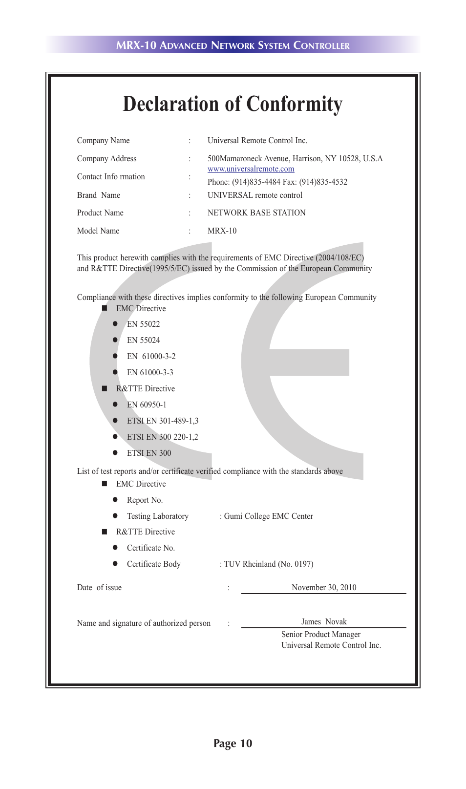 Declaration of conformity, Page 10 mrx-10 a | Universal Remote Control (URS) MRX-10 User Manual | Page 13 / 16