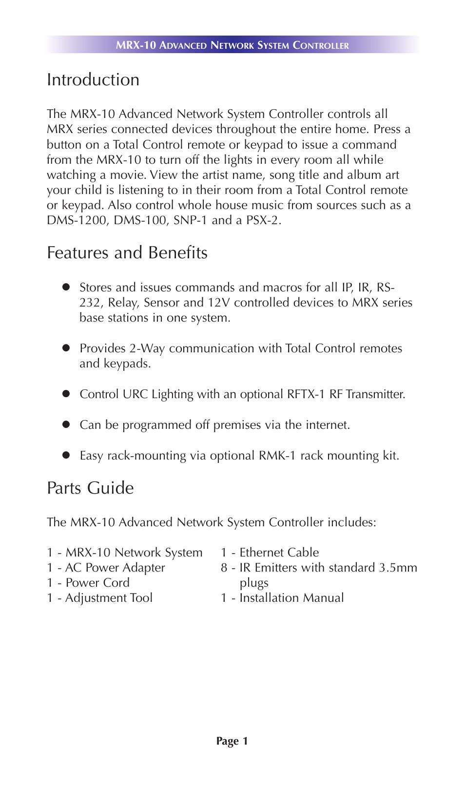 Introduction, Features and benefits, Parts guide | Universal Remote Control (URS) MRX-10 User Manual | Page 4 / 16