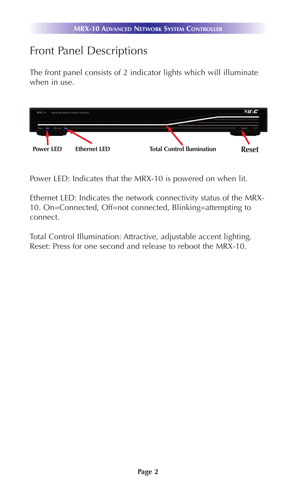 Front panel descriptions | Universal Remote Control (URS) MRX-10 User Manual | Page 5 / 16