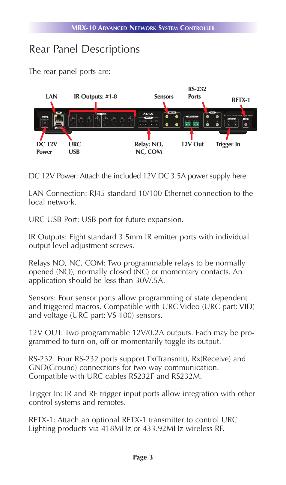 Rear panel descriptions | Universal Remote Control (URS) MRX-10 User Manual | Page 6 / 16