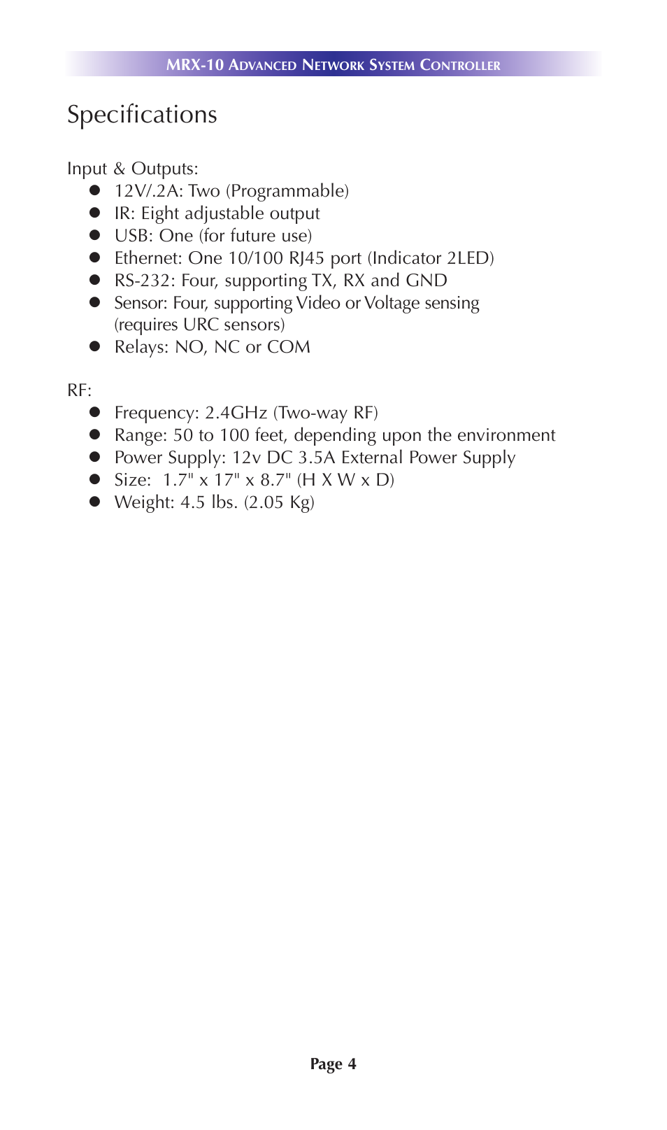 Specifications | Universal Remote Control (URS) MRX-10 User Manual | Page 7 / 16