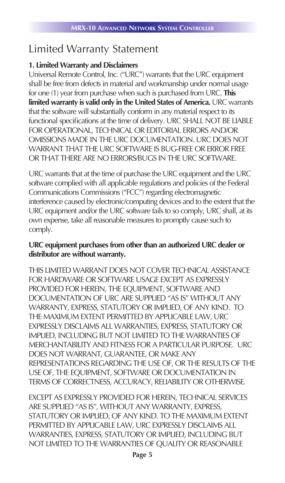 Limited warranty statement | Universal Remote Control (URS) MRX-10 User Manual | Page 8 / 16