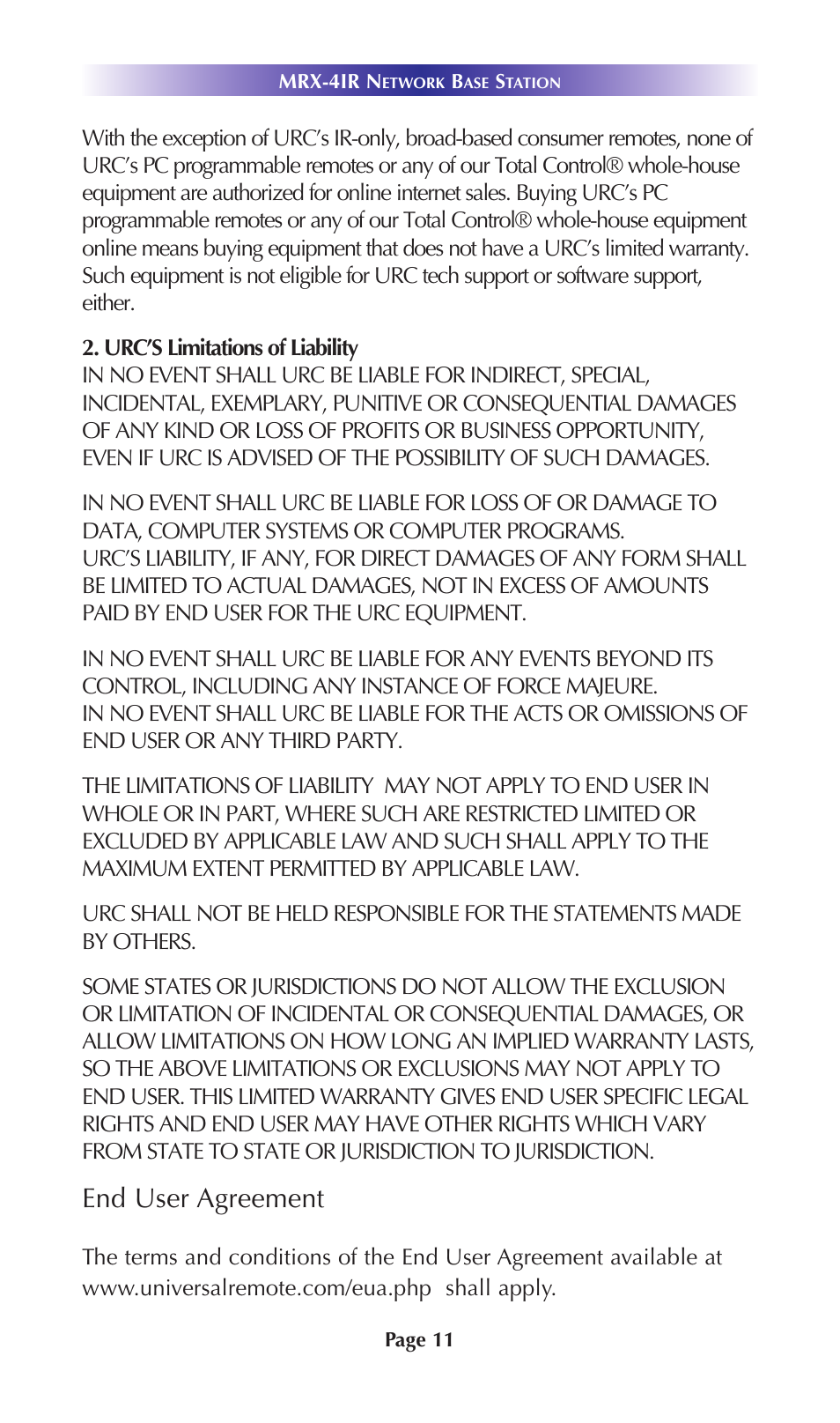 End user agreement | Universal Remote Control (URS) MRX-4IR User Manual | Page 14 / 20