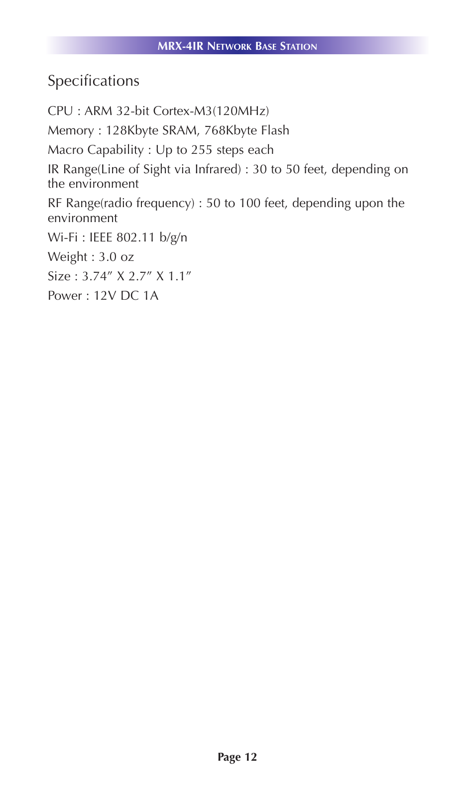 Specifications | Universal Remote Control (URS) MRX-4IR User Manual | Page 15 / 20