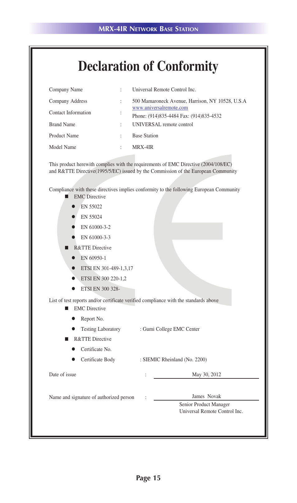 Declaration of conformity, Page 15 mrx-4ir n | Universal Remote Control (URS) MRX-4IR User Manual | Page 18 / 20