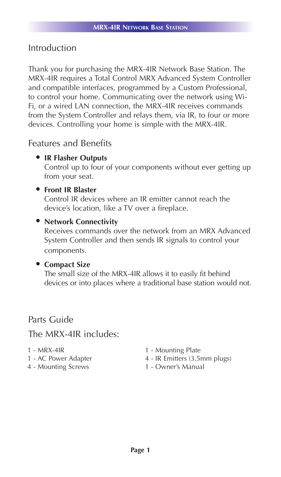 Introduction, Features and benefits, Parts guide the mrx-4ir includes | Universal Remote Control (URS) MRX-4IR User Manual | Page 4 / 20