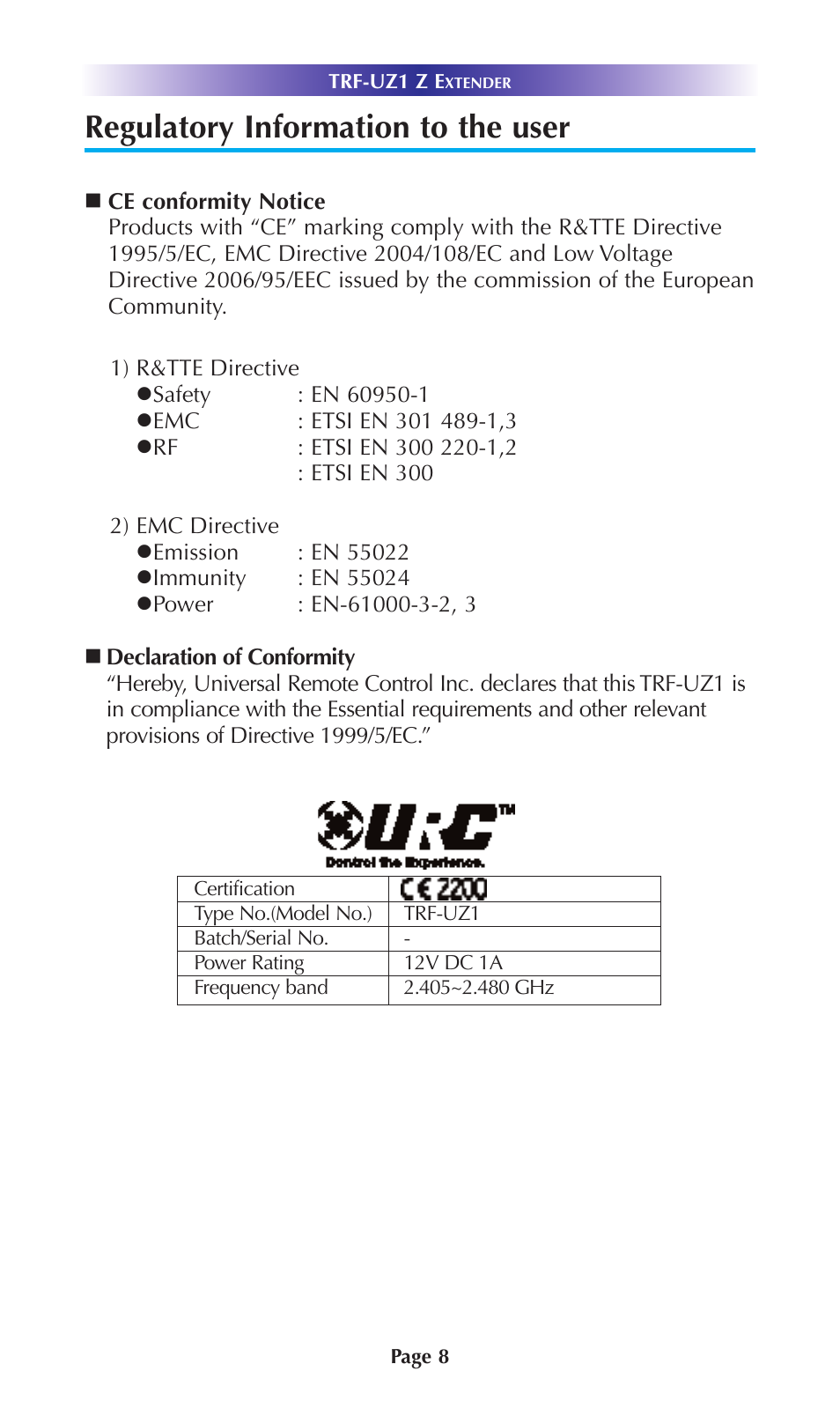 Regulatory information to the user | Universal Remote Control (URS) TRF-UZ1 User Manual | Page 11 / 17