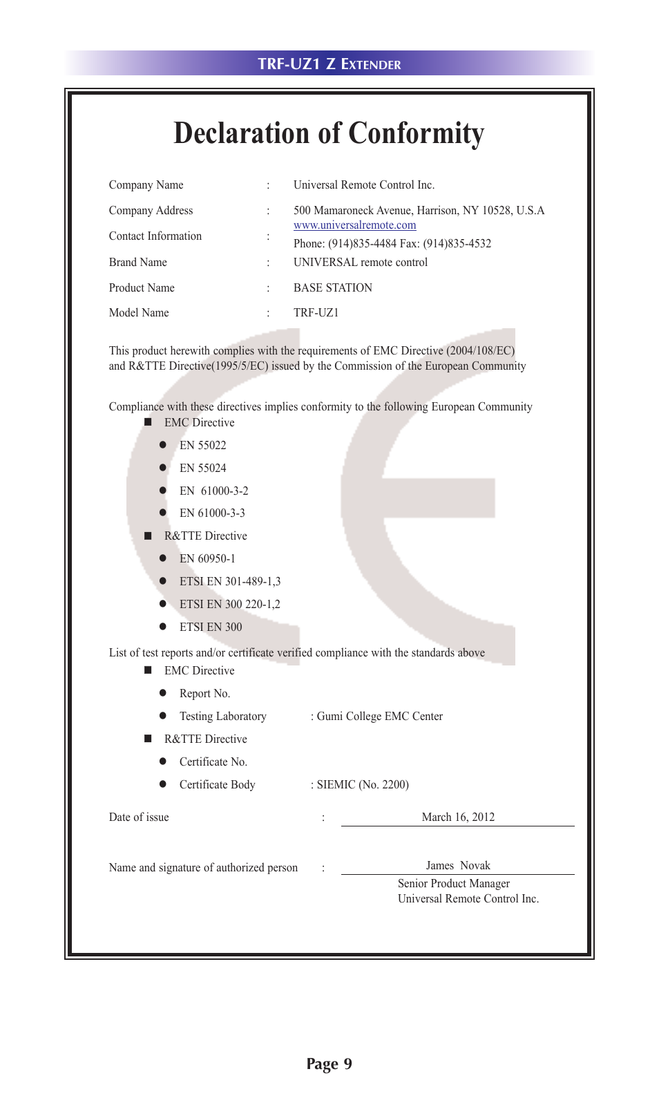 Declaration of conformity, Page 9 trf-uz1 z e | Universal Remote Control (URS) TRF-UZ1 User Manual | Page 12 / 17