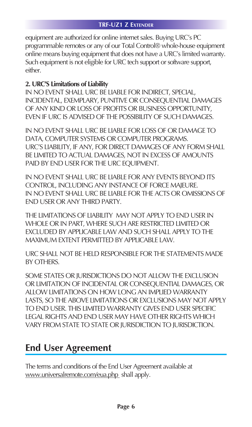End user agreement | Universal Remote Control (URS) TRF-UZ1 User Manual | Page 9 / 17