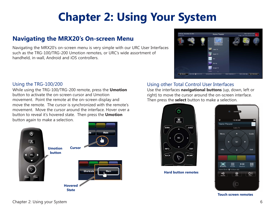 Rear panel descriptions, Chapter 2: using your system, Navigating the mrx20’s on-screen menu | Universal Remote Control (URS) MRX-20 User Manual | Page 10 / 45