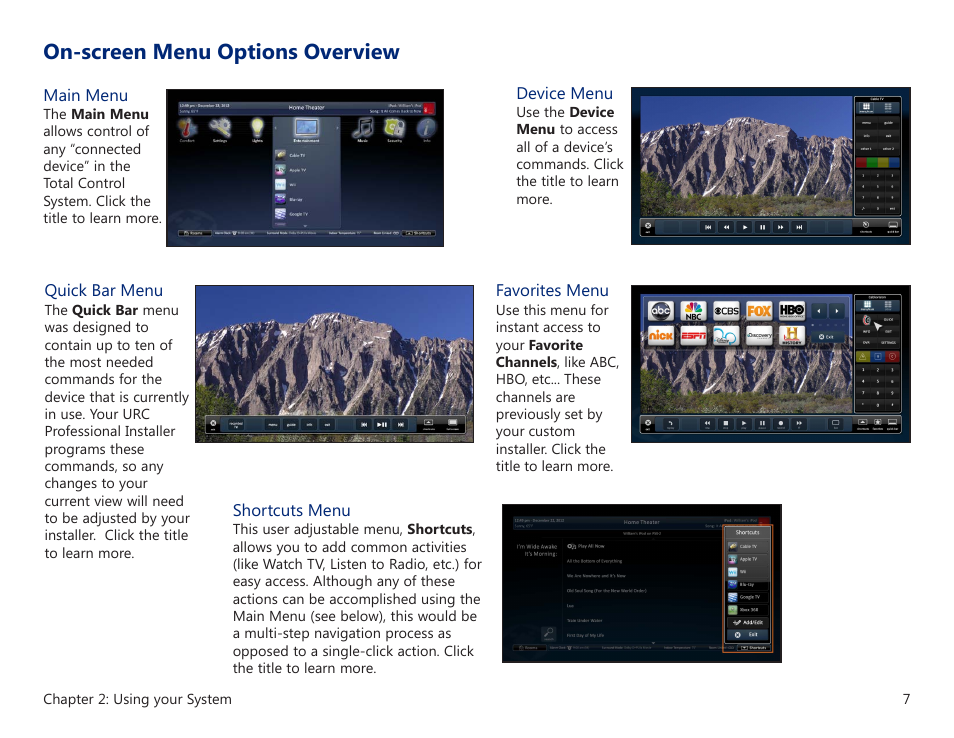 On-screen menu options overview | Universal Remote Control (URS) MRX-20 User Manual | Page 11 / 45