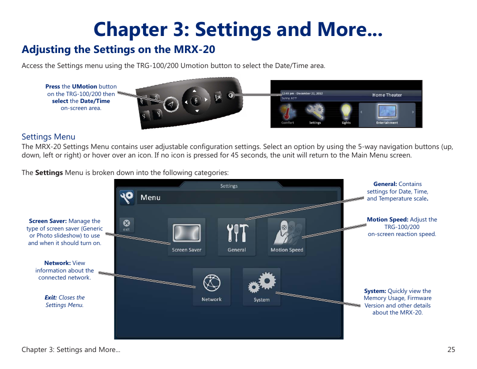 Chapter 3: settings and more, Adjusting the settings on the mrx-20 | Universal Remote Control (URS) MRX-20 User Manual | Page 29 / 45