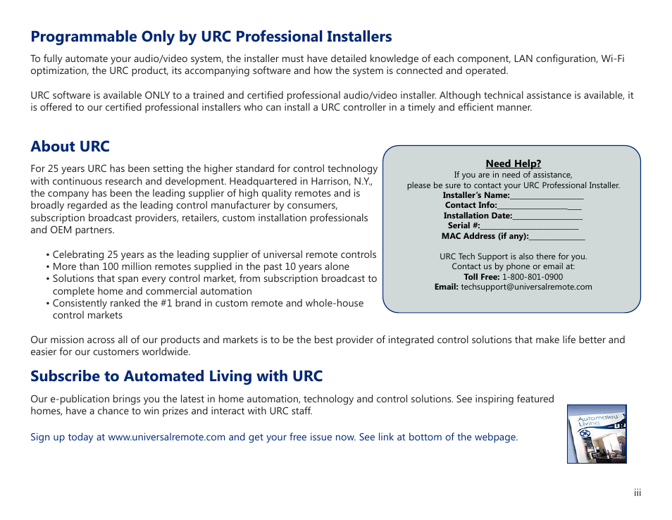 Programmable only by urc professional installers, About urc, Subscribe to automated living with urc | Universal Remote Control (URS) MRX-20 User Manual | Page 3 / 45