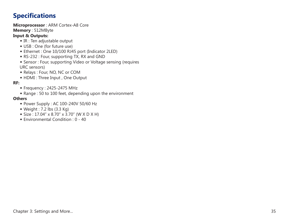 Specifications | Universal Remote Control (URS) MRX-20 User Manual | Page 39 / 45