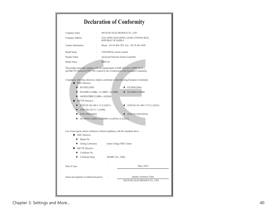 Declaration of conformity, Chapter 3: settings and more | Universal Remote Control (URS) MRX-20 User Manual | Page 44 / 45