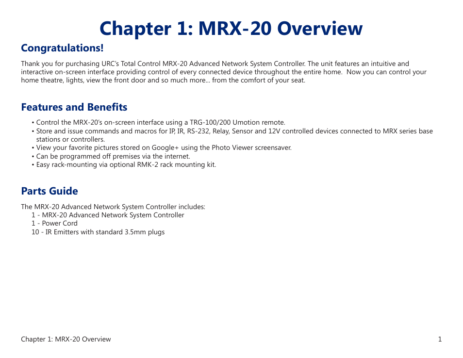 Congratulations, Features and benefits, Parts guide | Chapter 1: mrx-20 overview | Universal Remote Control (URS) MRX-20 User Manual | Page 5 / 45