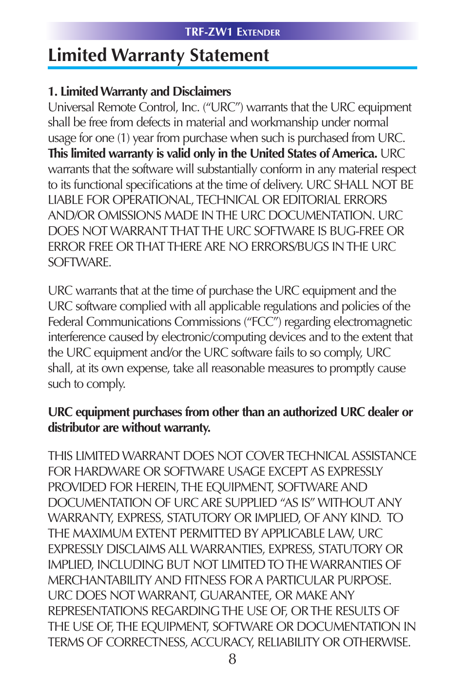 Limited warranty statement | Universal Remote Control (URS) TRF-ZW1 User Manual | Page 10 / 15
