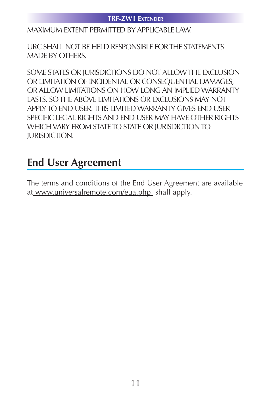 End user agreement | Universal Remote Control (URS) TRF-ZW1 User Manual | Page 13 / 15