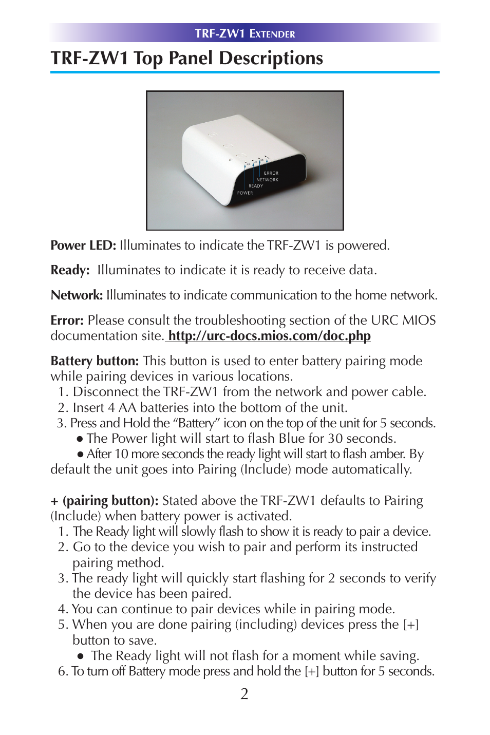 Trf-zw1 top panel descriptions | Universal Remote Control (URS) TRF-ZW1 User Manual | Page 4 / 15