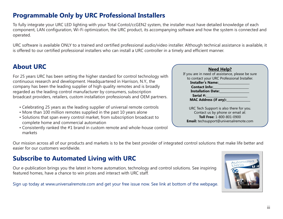 Programmable only by urc professional installers, About urc, Subscribe to automated living with urc | Universal Remote Control (URS) BR30 User Manual | Page 3 / 13
