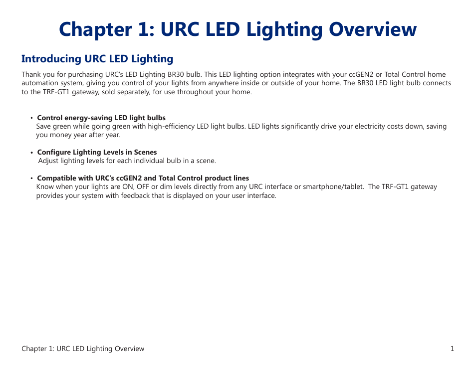 Introducing urc led lighting, Chapter 1: urc led lighting overview | Universal Remote Control (URS) BR30 User Manual | Page 5 / 13